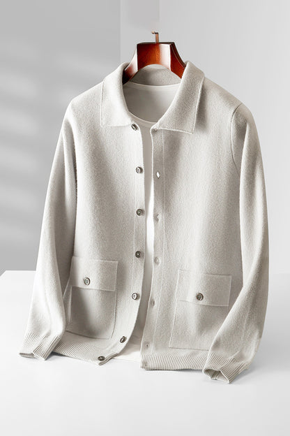 Men's Polo Collar Solid Color Wool Cardigan Autumn Winter Retro Pocket Thick Coat