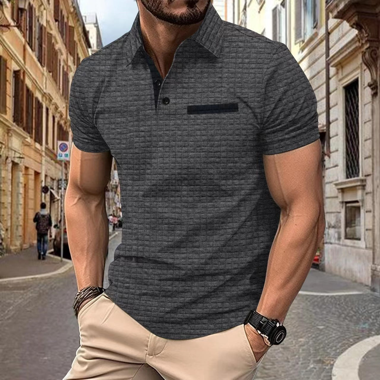 Button Jacquard Plaid Men's Sports Polo Shirt Men - ARCHSHOPE