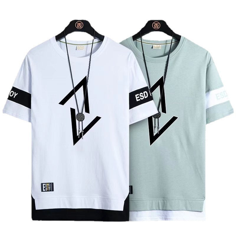 Summer New Fake Two-piece Printed Short-sleeved T-shirt Men Crew Neck Casual - ARCHSHOPE