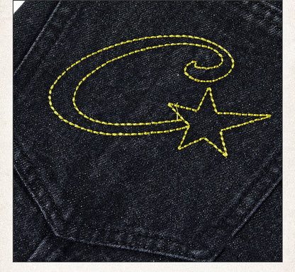 Street Washed Stitching Straight Jeans For Men And Women
