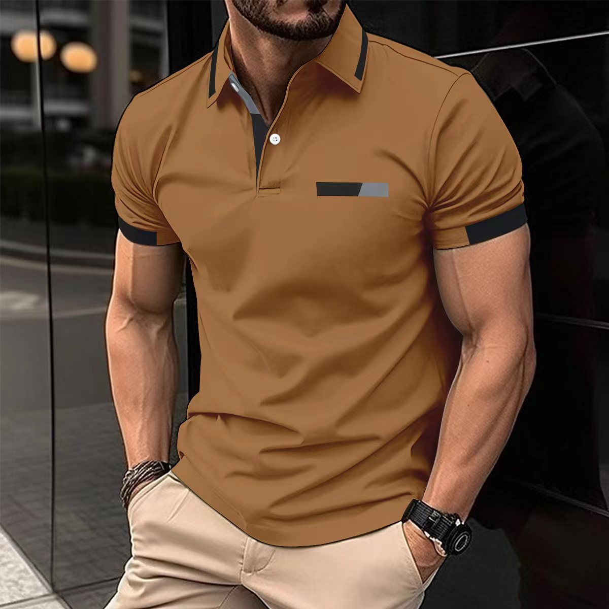 Men's Casual Polo Shirt Chest Faux Pocket Lapel Button Business T-shirt - ARCHSHOPE