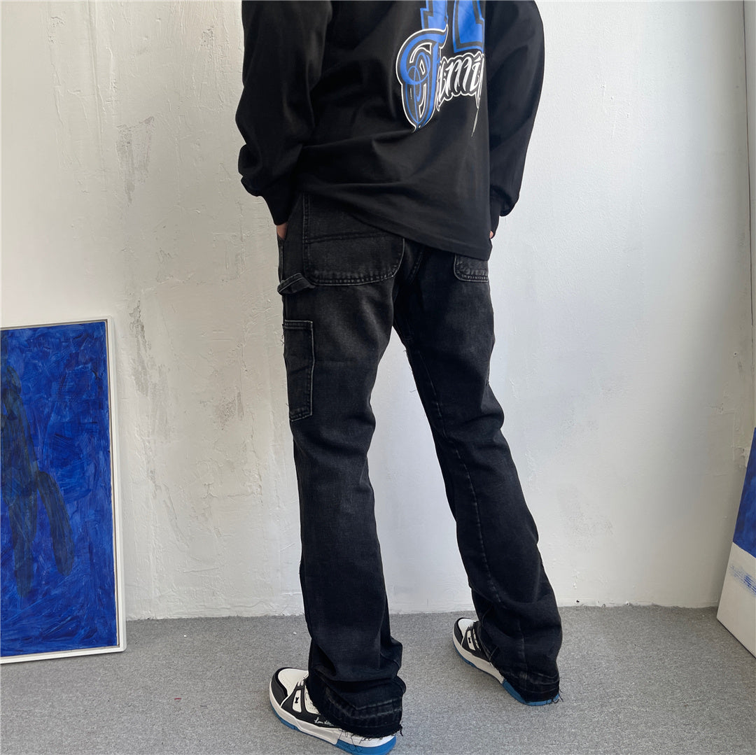 Jean micro-évasé patchwork à bords bruts