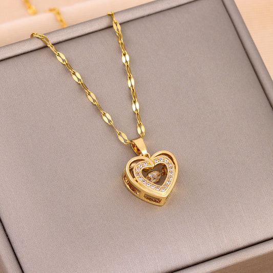 Double-layer Love Necklace With Rhinestones Titanium Steel Pendant Fashion Jewelry Woman Valentines Day Gift - ARCHSHOPE