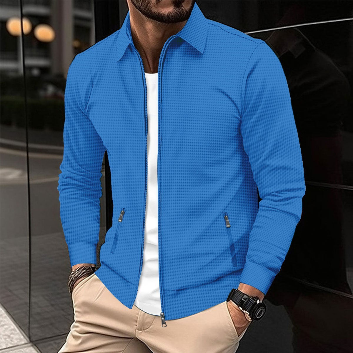 Men's Spring And Autumn Youth Waffle Zipper Pocket Lapels Slim-fit Cardigan Men's Jacket Coat - ARCHSHOPE