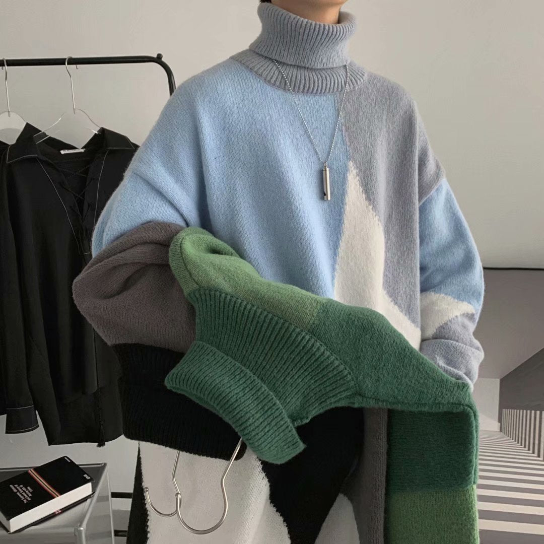 Kontrastfarbe Stehkragen Pullover Oberbekleidung Lazy Wind Verdickte Basis Pullover Herren