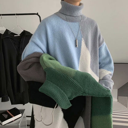 Kontrastfarbe Stehkragen Pullover Oberbekleidung Lazy Wind Verdickte Basis Pullover Herren