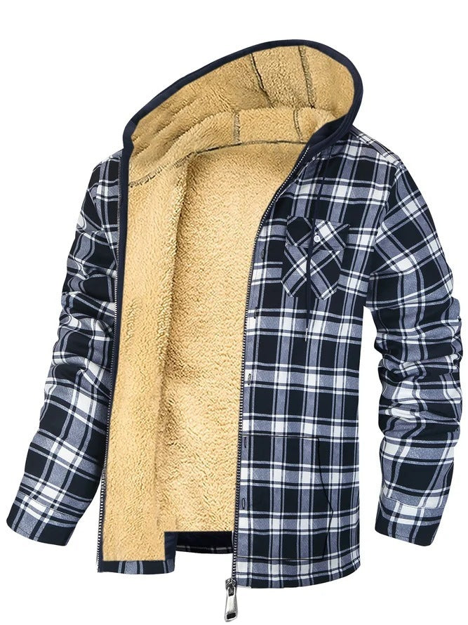 Veste à capuche zippée à imprimé écossais pour homme, manteau d'hiver épais en coton rembourré, vêtements chauds