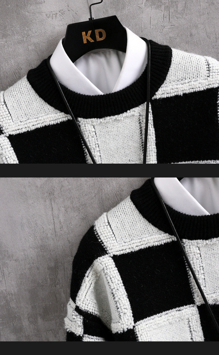 Men's Trendy Plaid Round Neck Sweater Loose