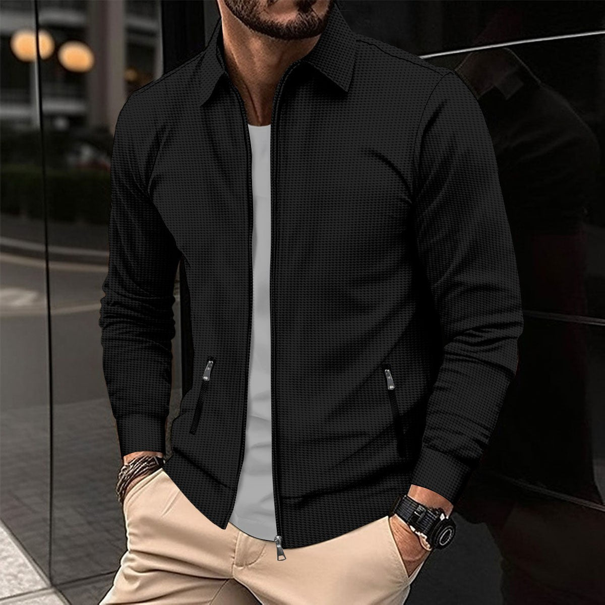 Men's Spring And Autumn Youth Waffle Zipper Pocket Lapels Slim-fit Cardigan Men's Jacket Coat - ARCHSHOPE
