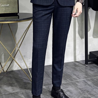 Men's Plaid High-end Suit Pants Korean Slim Straight Casual Pants
