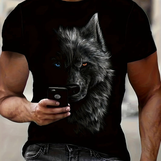 3D Digital Cool Wolf Contrast Color Eye Pattern Round Neck T-shirt, Men's Summer Outdoor Activity Fashion Top - ARCHSHOPE