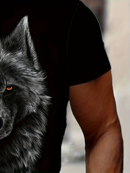 3D Digital Cool Wolf Contrast Color Eye Pattern Round Neck T-shirt, Men's Summer Outdoor Activity Fashion Top - ARCHSHOPE